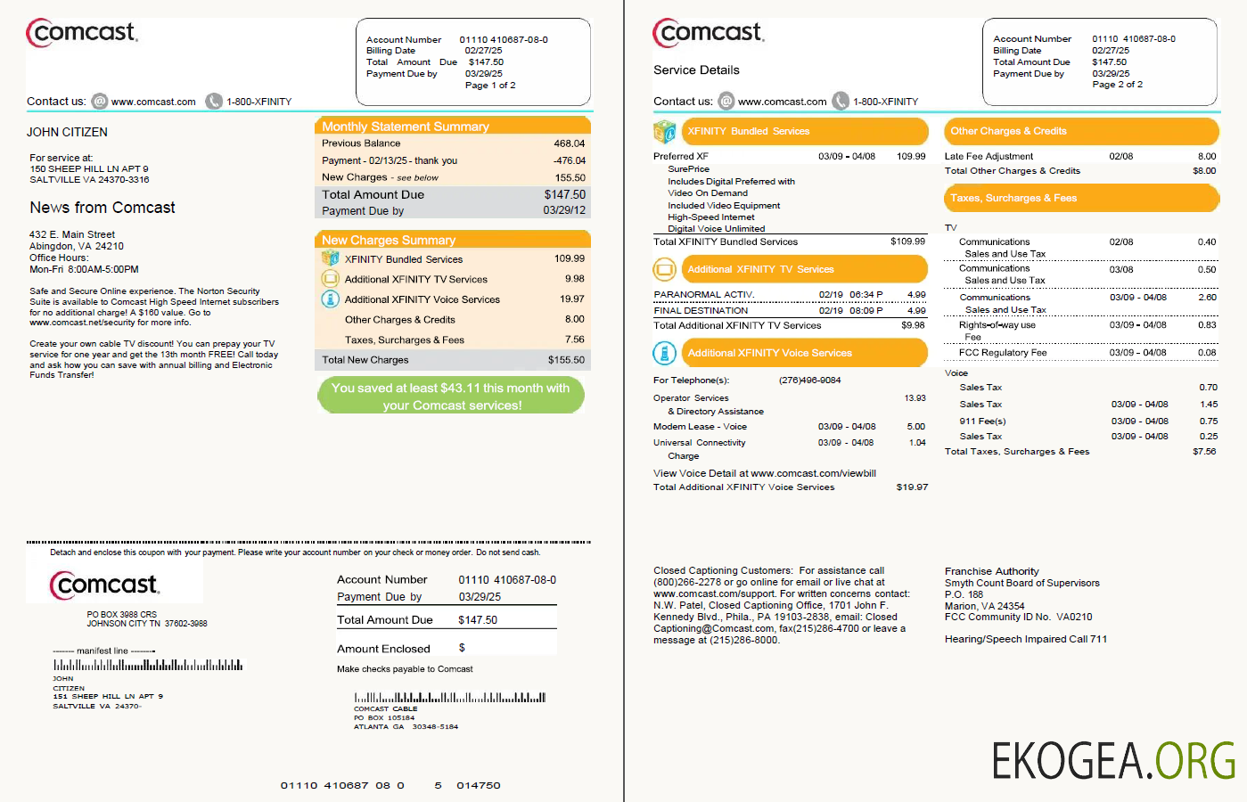 Usa Comcast utility bill template in word and pdf formats, 2 pages template